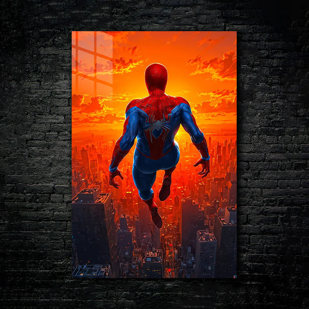 Spider-Man Sunset Dive – Epic Skyline Metal Wall Art