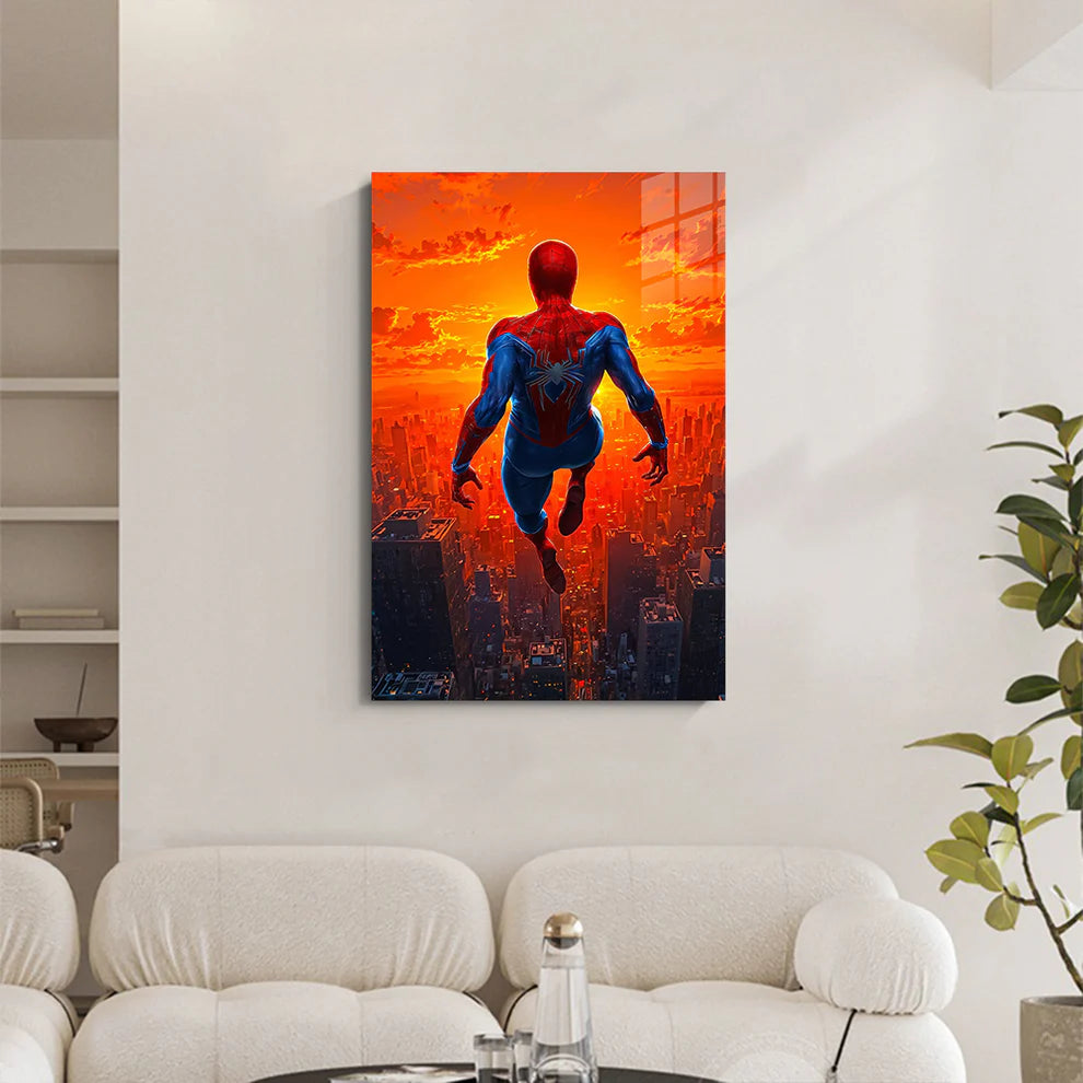 Spider-Man Sunset Dive – Epic Skyline Metal Wall Art