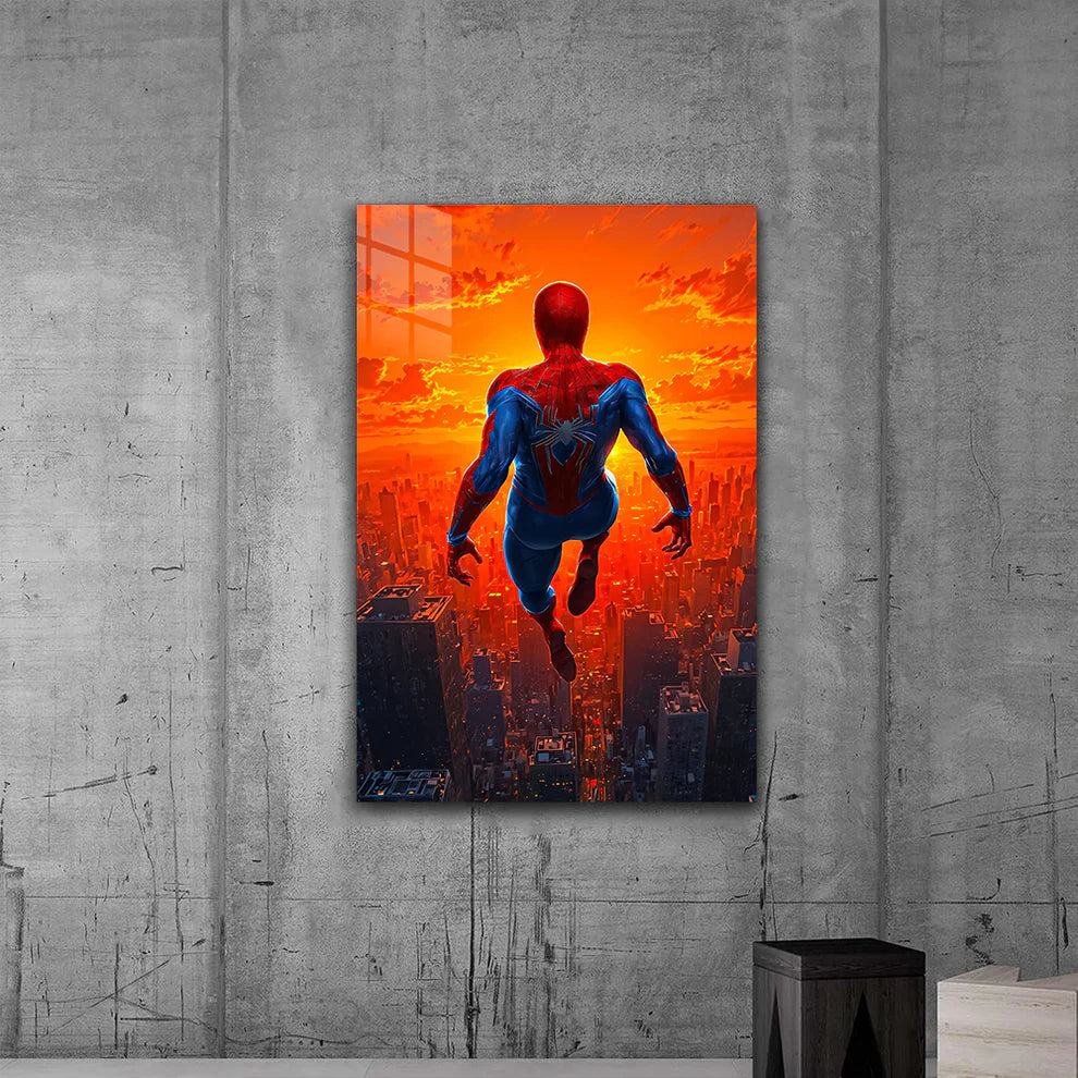Spider-Man Sunset Dive – Epic Skyline Metal Wall Art