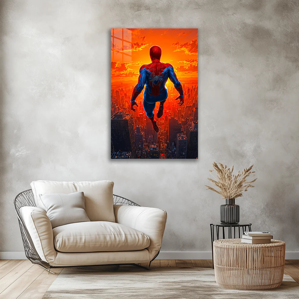 Spider-Man Sunset Dive – Epic Skyline Metal Wall Art