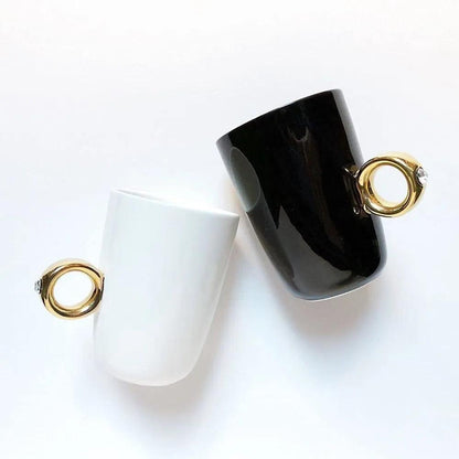 Ceramic Black & White Mug Gold Coffee Tea Diamond Solitaire Ring