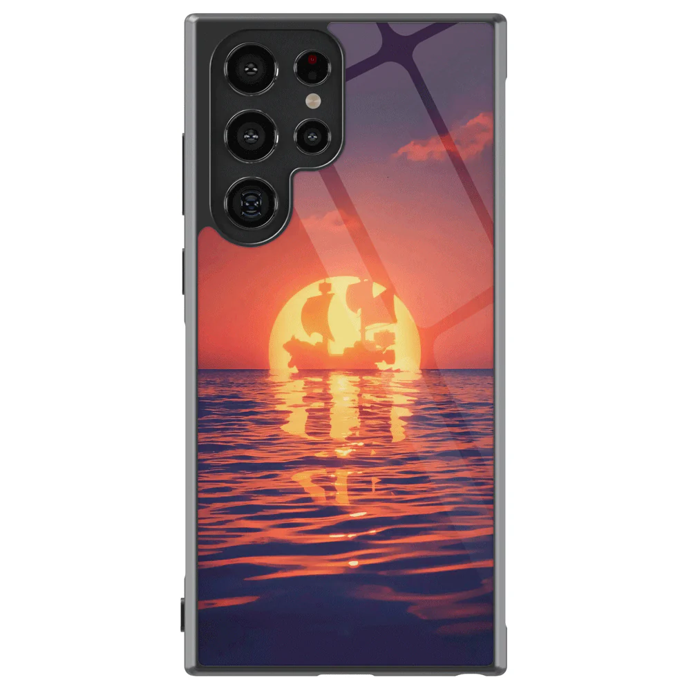 One Piece Thousand Sunny Pirate Ship in Sunset Tempered Glass Tough Samsung Galaxy Phone Case