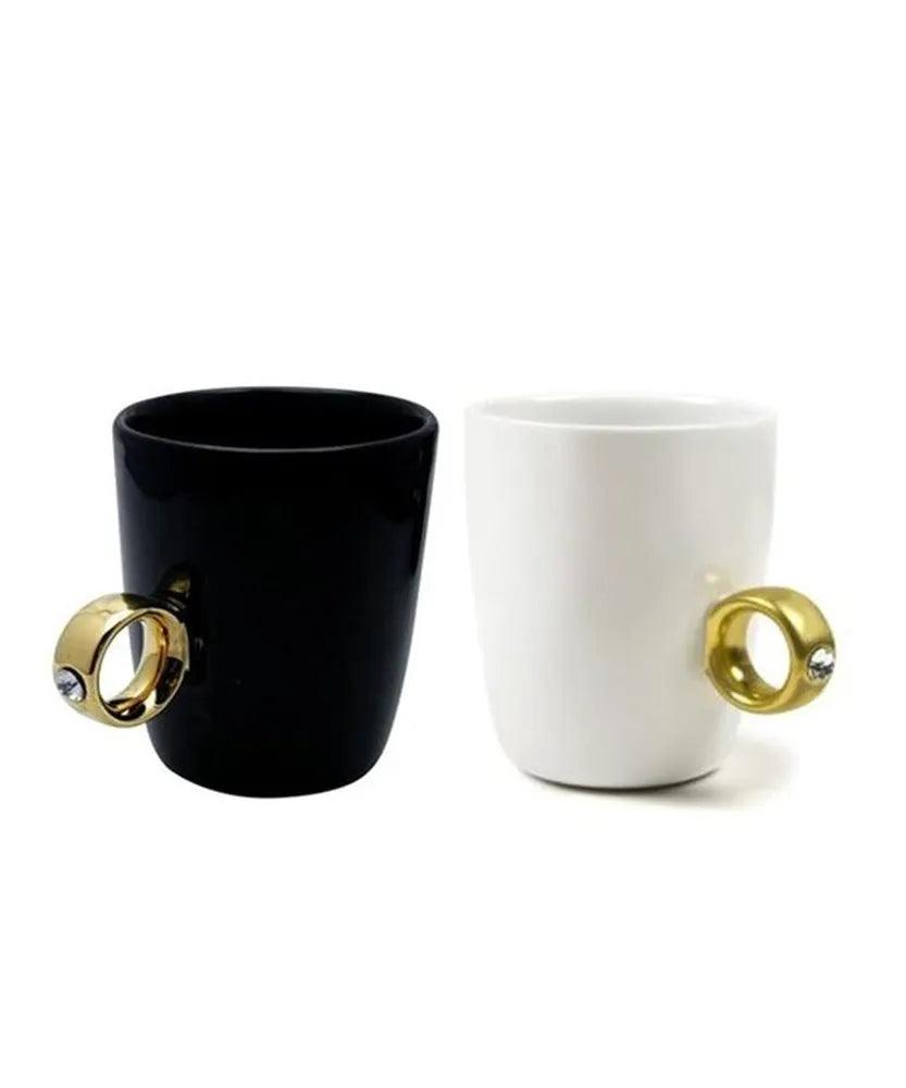 Ceramic Black & White Mug Gold Coffee Tea Diamond Solitaire Ring