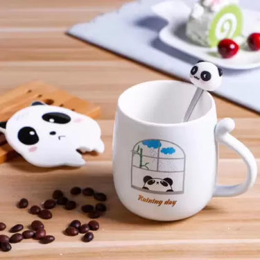 3D Mouth Lid Printed Panda Ceramic Coffee with Stainless Spoon