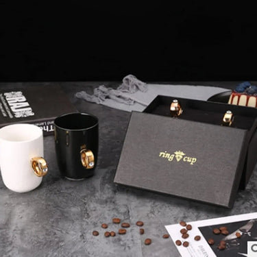 Ceramic Black & White Mug Gold Coffee Tea Diamond Solitaire Ring