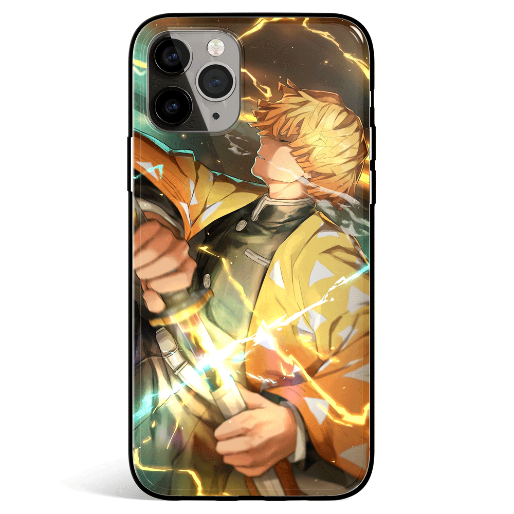 Demon Slayer Zenitsu Agatsuma Thunder Breathing Tempered Glass Soft Silicone iPhone Case