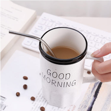 Good Morning Printed Ceramic Mug with Stainless Steel Straw