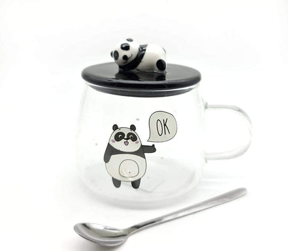 Panda Printed Mug with Lid and Spoon for Coffee and Tea