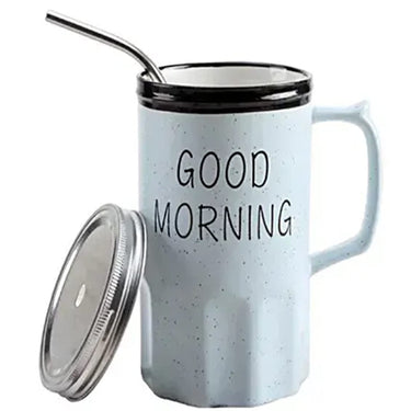 Good Morning Printed Ceramic Mug with Stainless Steel Straw for Cold Coffee and Ice Tea
