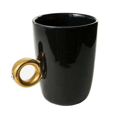 Porcelain Black Mug Gold Coffee Tea Diamond Solitaire Ring