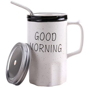 Good Morning Printed Ceramic Mug with Stainless Steel Straw