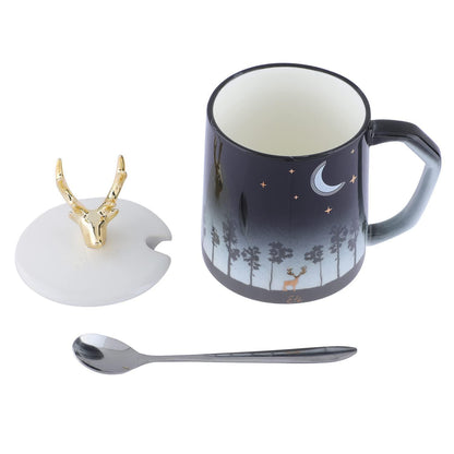 Cute Coffee Mug Ceramic Tea Cups Golden Deer Lid and Stainless Spoon