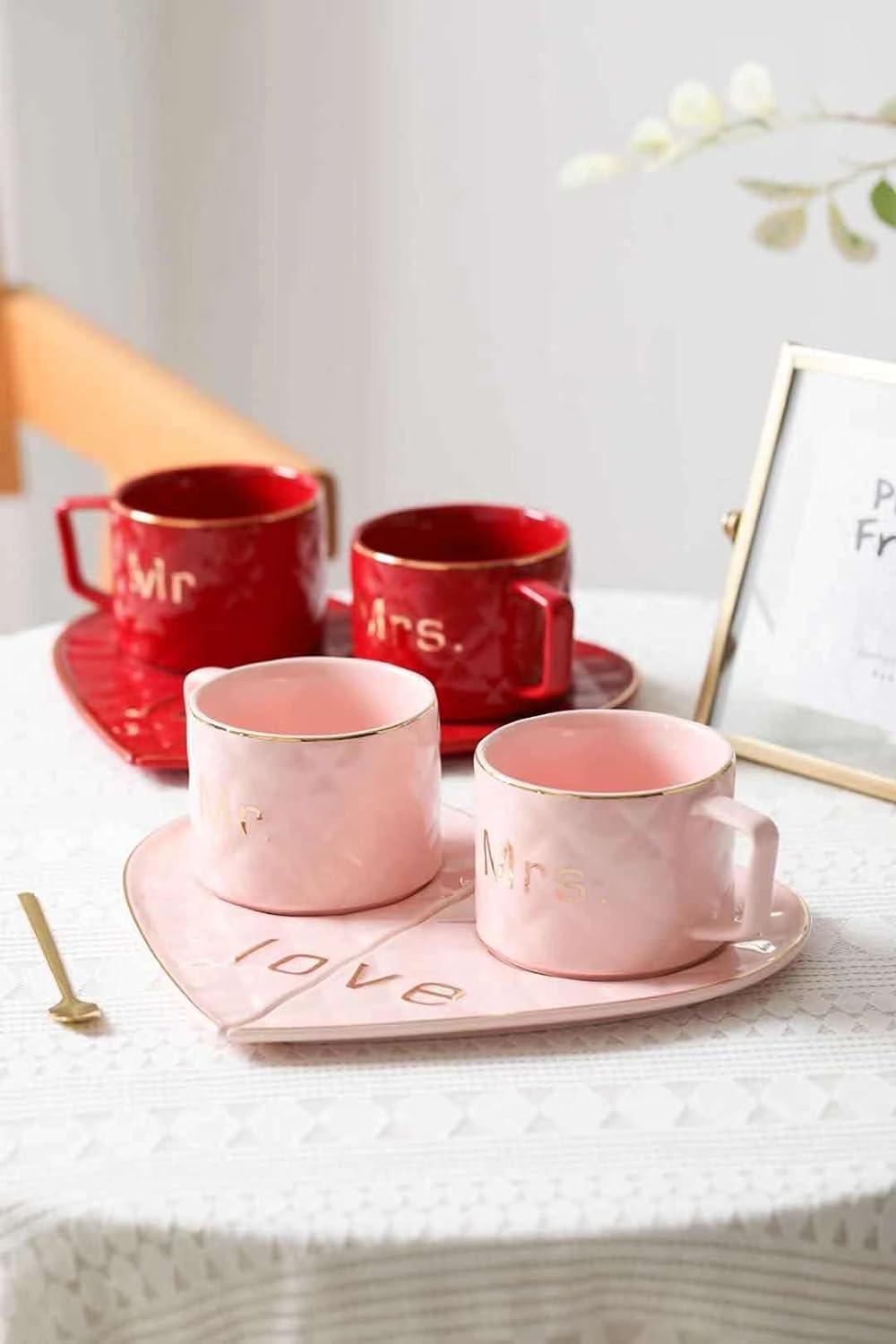 Mr. and Mrs. Ceramic Mugs/Tea Cup With Heart Shape Saucer 2Pc, 250 milliliter