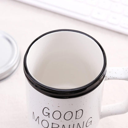 Good Morning Printed Ceramic Mug with Stainless Steel Straw