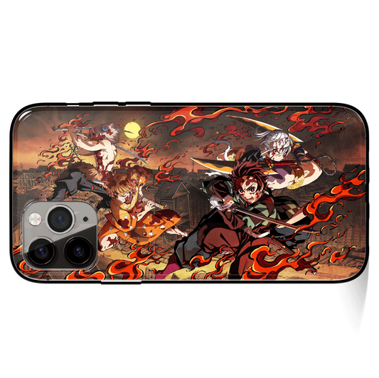 Demon Slayer Fighting Tempered Glass Soft Silicone iPhone Case