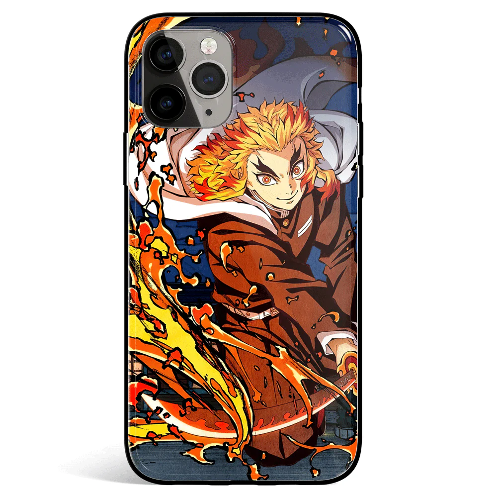 Demon Slayer Kyojuro Unknowing Fire Tempered Glass Soft Silicone iPhone Case