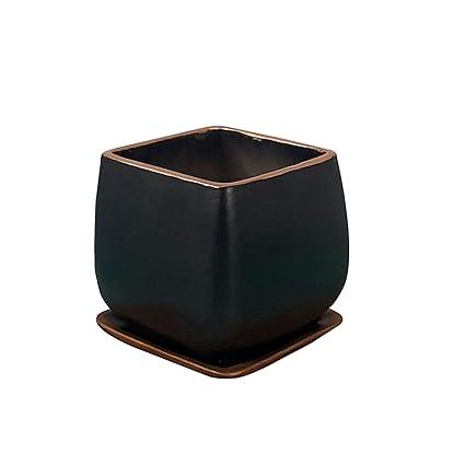 Pearl Small Black Gold with Plate Ceramic Pots for Indoor Plants,Planters,Flower