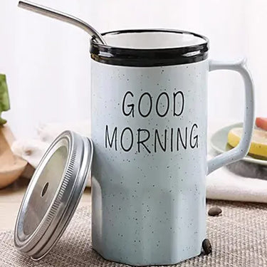 Good Morning Printed Ceramic Mug with Stainless Steel Straw for Cold Coffee and Ice Tea
