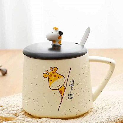 Giraffe Ceramic Coffee Mug with Lid & Spoon (400 ml / 13.5 oz)