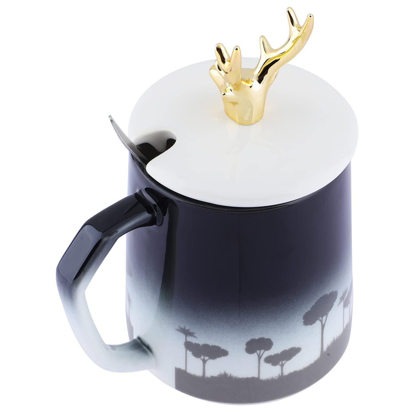 Cute Coffee Mug Ceramic Tea Cups Golden Deer Lid and Stainless Spoon