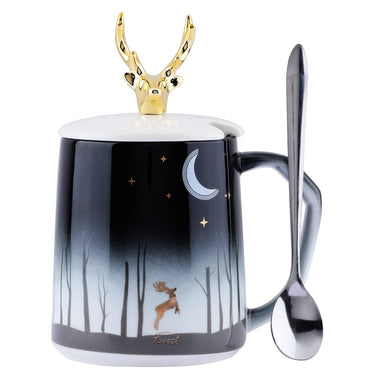 Cute Coffee Mug Ceramic Tea Cups Golden Deer Lid and Stainless Spoon