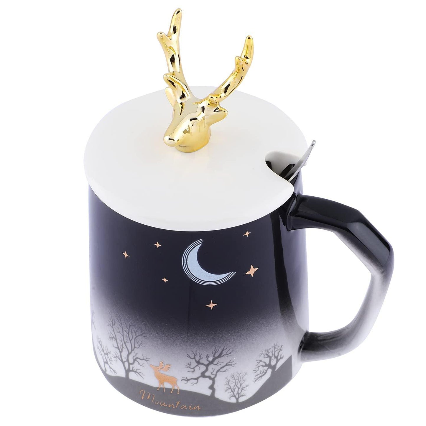 Cute Coffee Mug Ceramic Tea Cups Golden Deer Lid and Stainless Spoon