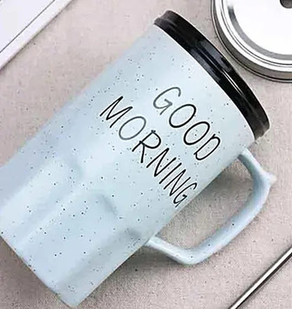 Good Morning Printed Ceramic Mug with Stainless Steel Straw for Cold Coffee and Ice Tea