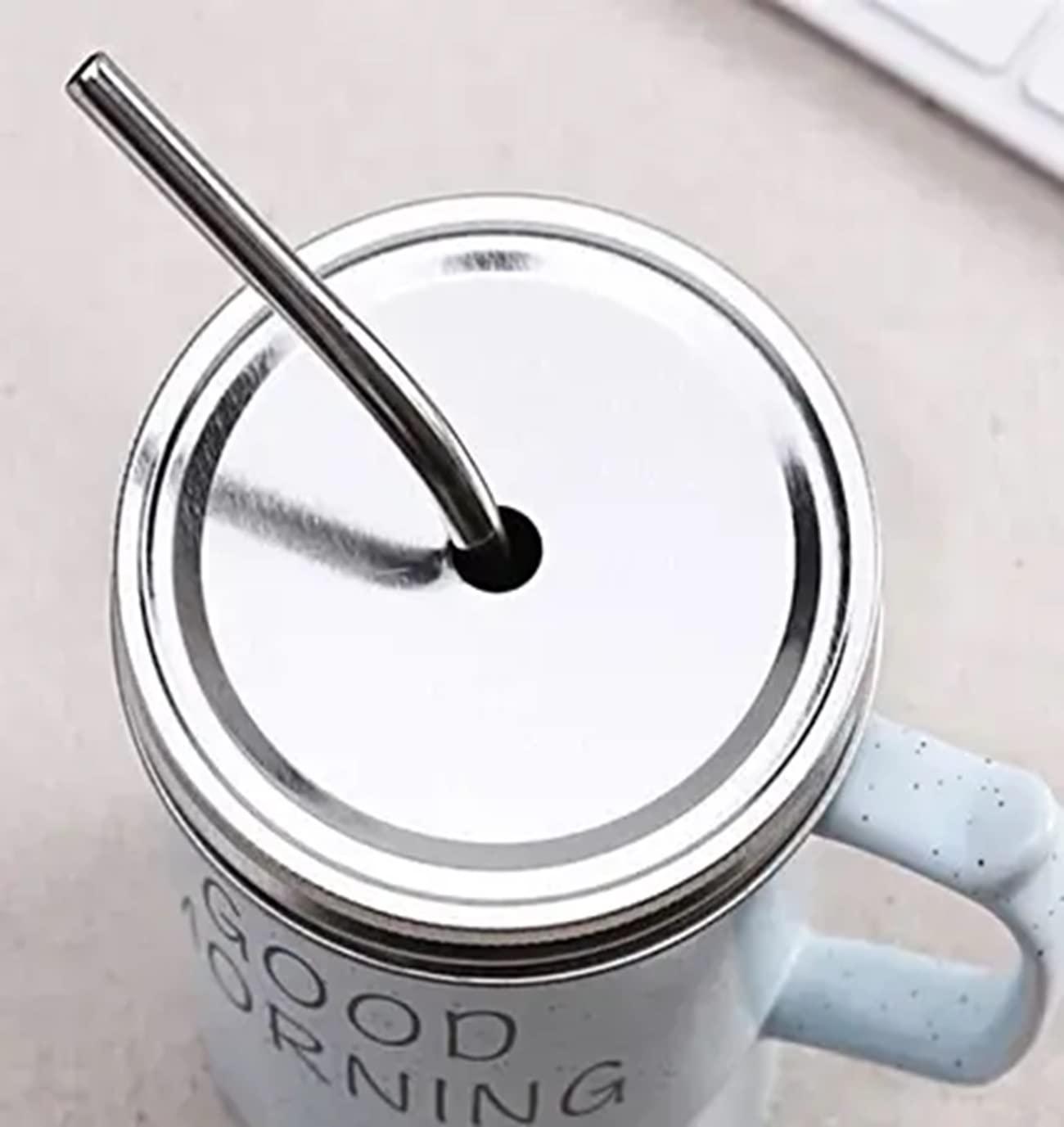 Good Morning Printed Ceramic Mug with Stainless Steel Straw for Cold Coffee and Ice Tea