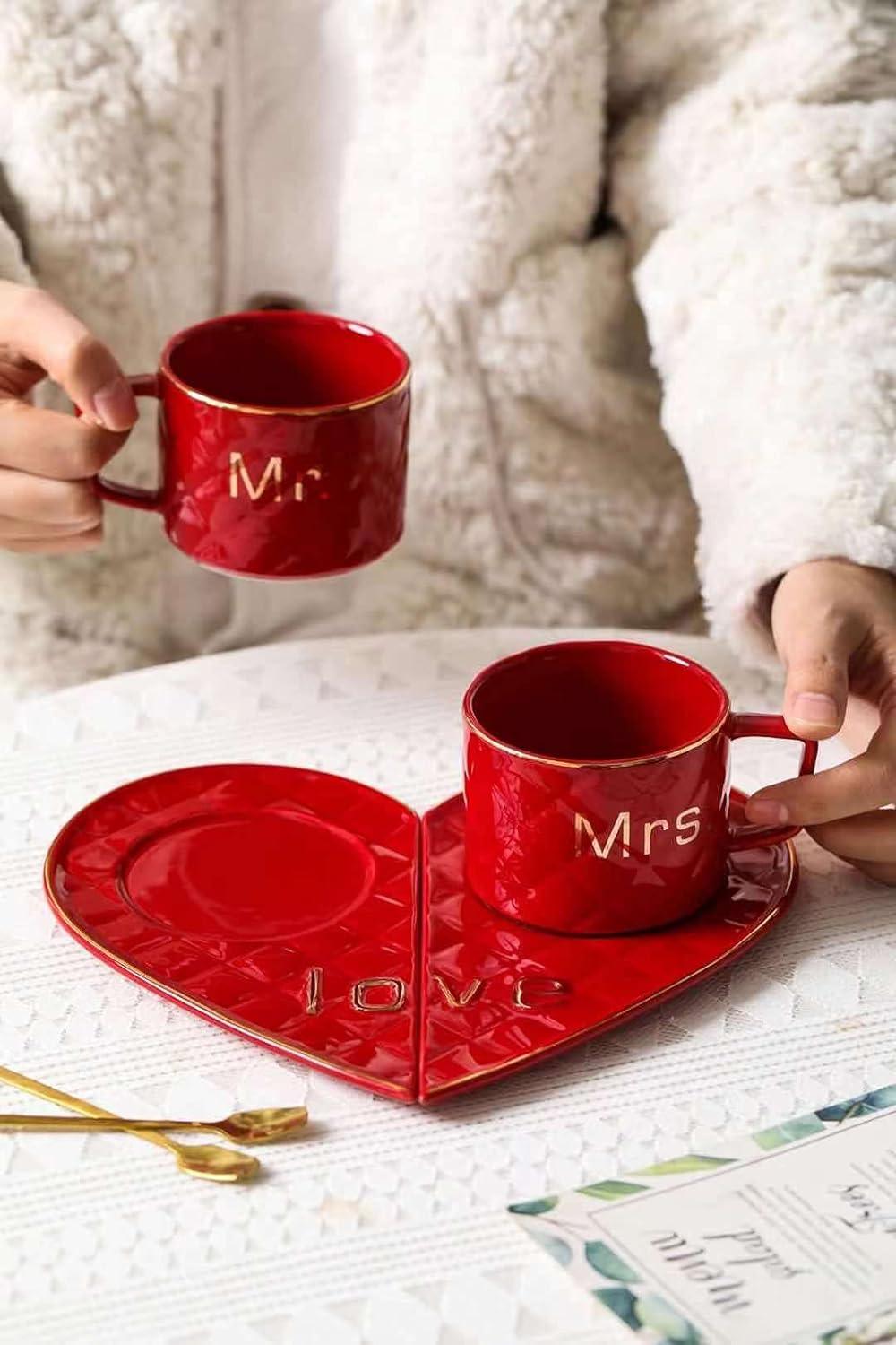 Mr. and Mrs. Ceramic Mugs/Tea Cup With Heart Shape Saucer 2Pc, 250 milliliter