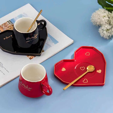 Be Mine Printed Ceramic Coffee Mug with Heart Shape Saucer & Spoon