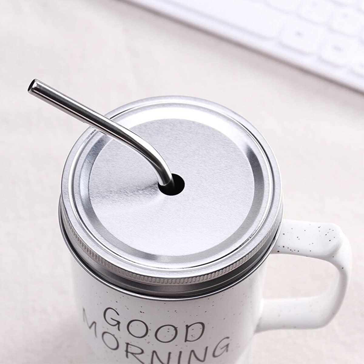 Good Morning Printed Ceramic Mug with Stainless Steel Straw