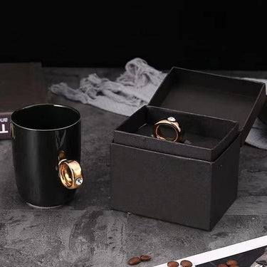 Porcelain Black Mug Gold Coffee Tea Diamond Solitaire Ring