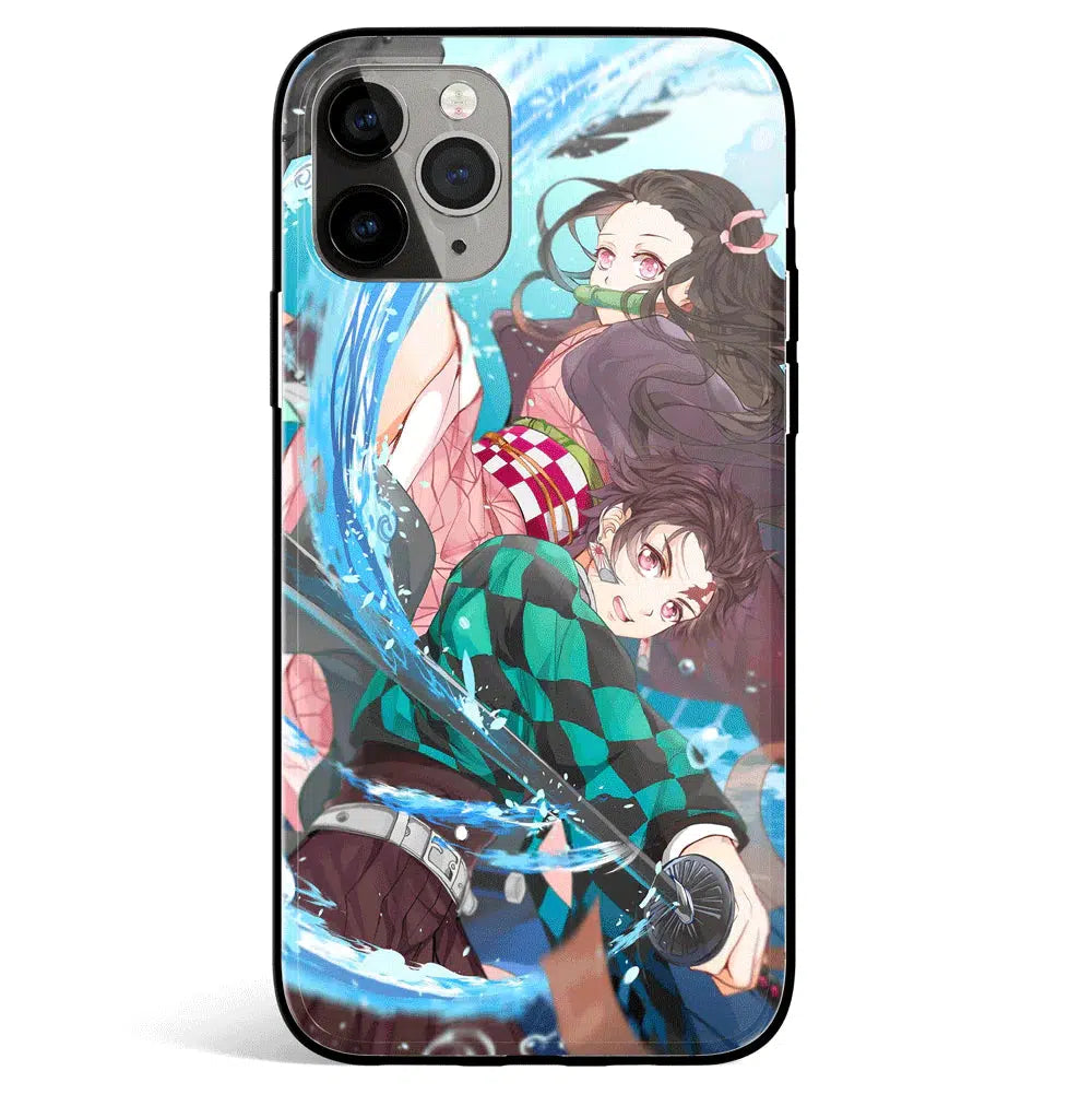 Demon Slayer Tanjiro Water Breathing and Nezuko Tempered Glass Soft Silicone iPhone Case
