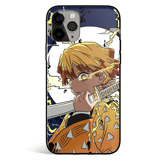 Demon Slayer Zenitsu on Moon Night Tempered Glass Soft Silicone iPhone Case