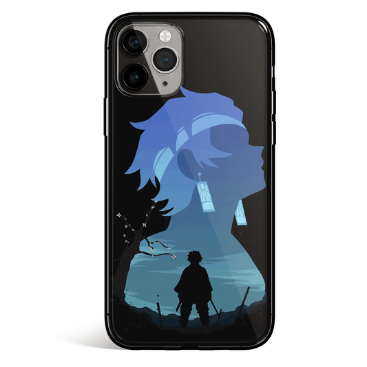 Demon Slayer Tanjiro Blue Silhouette Tempered Glass Soft Silicone iPhone Case