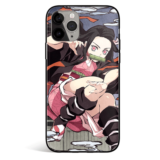 Demon Slayer Nezuko Climbing Tempered Glass Soft Silicone iPhone Case