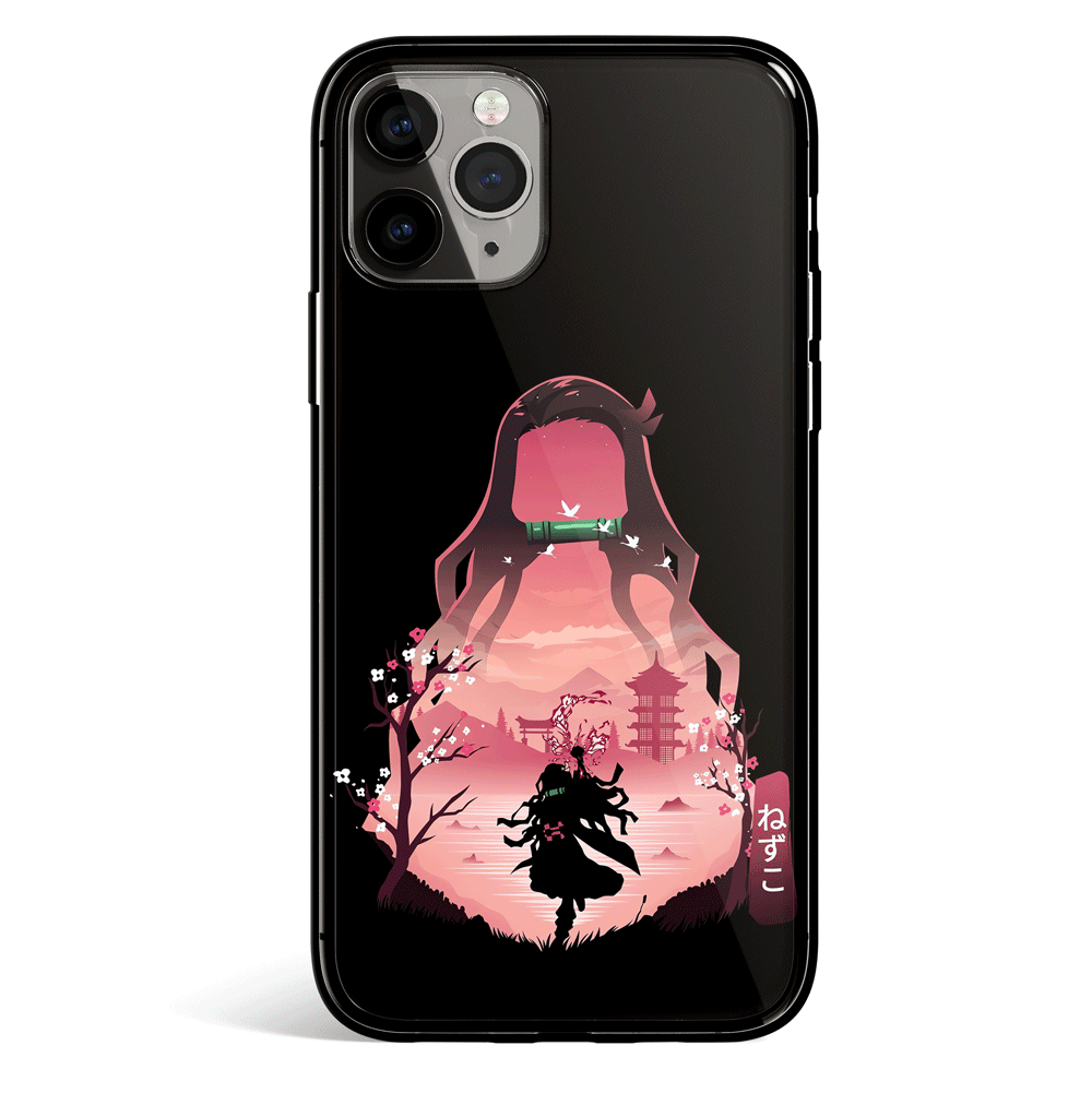 Demon Slayer Nezuko Pink Silhouette Tempered Glass Soft Silicone iPhone Case