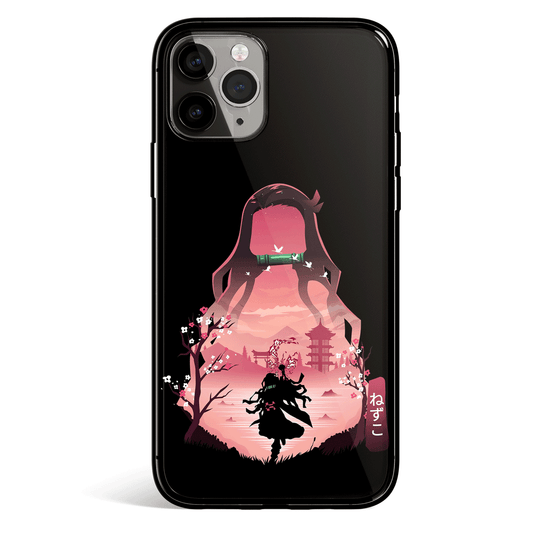 Demon Slayer Nezuko Pink Silhouette Tempered Glass Soft Silicone iPhone Case