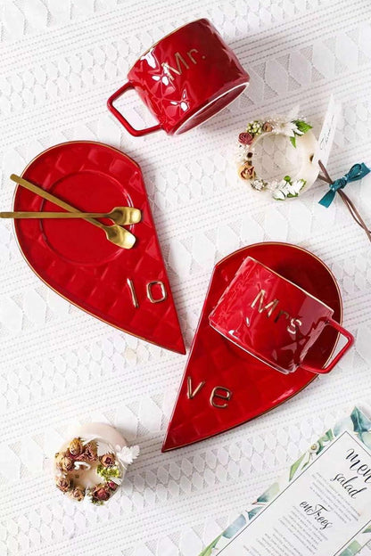 Mr. and Mrs. Ceramic Mugs/Tea Cup With Heart Shape Saucer 2Pc, 250 milliliter