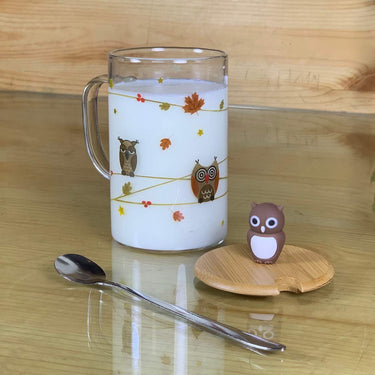 Ceramic Coffee/Milk Mugs with Owl Cup Lid and Spoon - 1 Piece, Brown, 450 ml