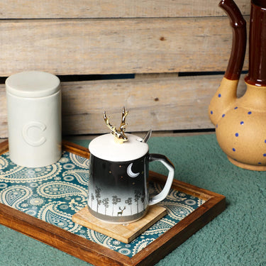 Cute Coffee Mug Ceramic Tea Cups Golden Deer Lid and Stainless Spoon