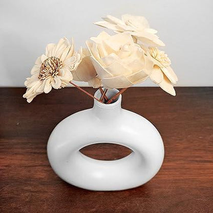 Ceramic Matte Finish Donut Flower Vase Handcrafted (Pack of 1) White (White)