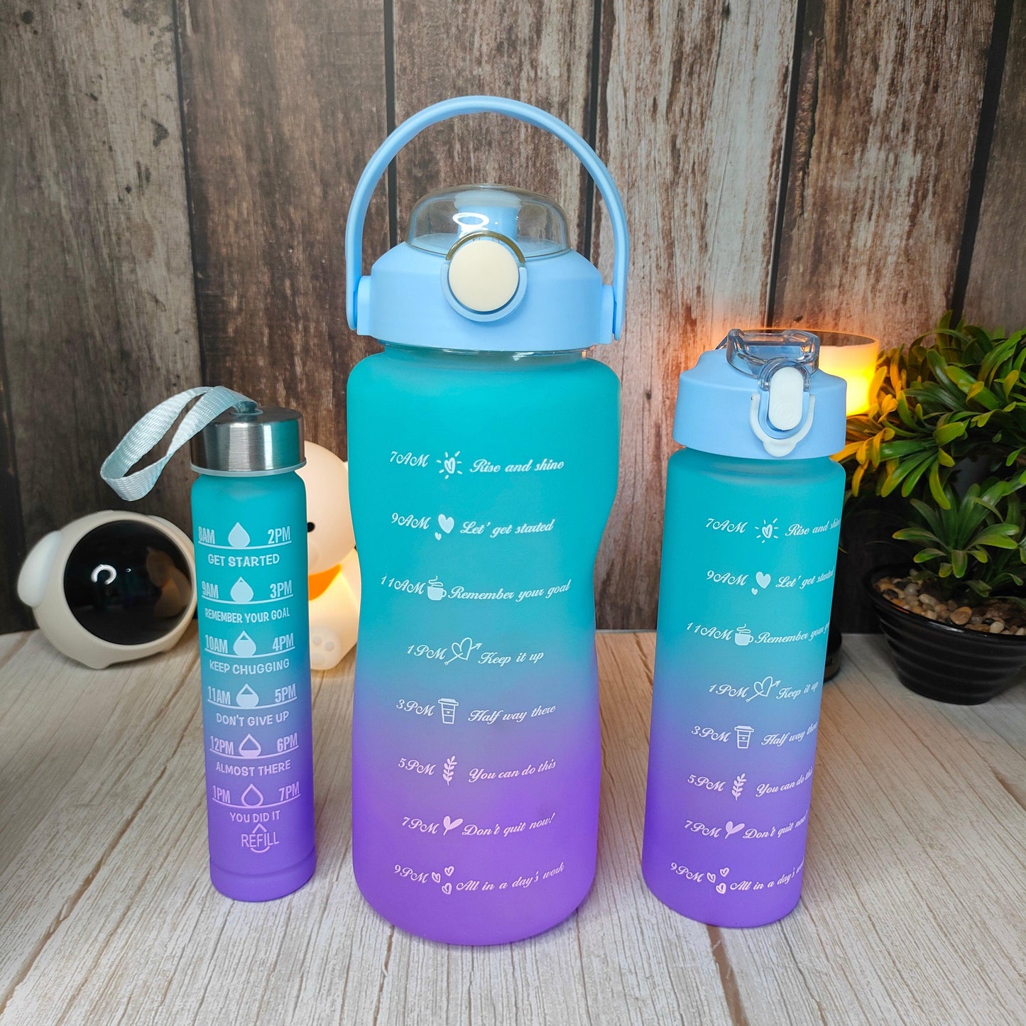 Motivational Water Bottle with Straw Time Marker, Set Of 3 Pcs Leakproof Durable Wide Mouth Sipper