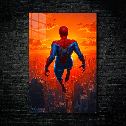 Spider-Man Sunset Dive – Epic Skyline Metal Wall Art