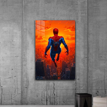 Spider-Man Sunset Dive – Epic Skyline Metal Wall Art
